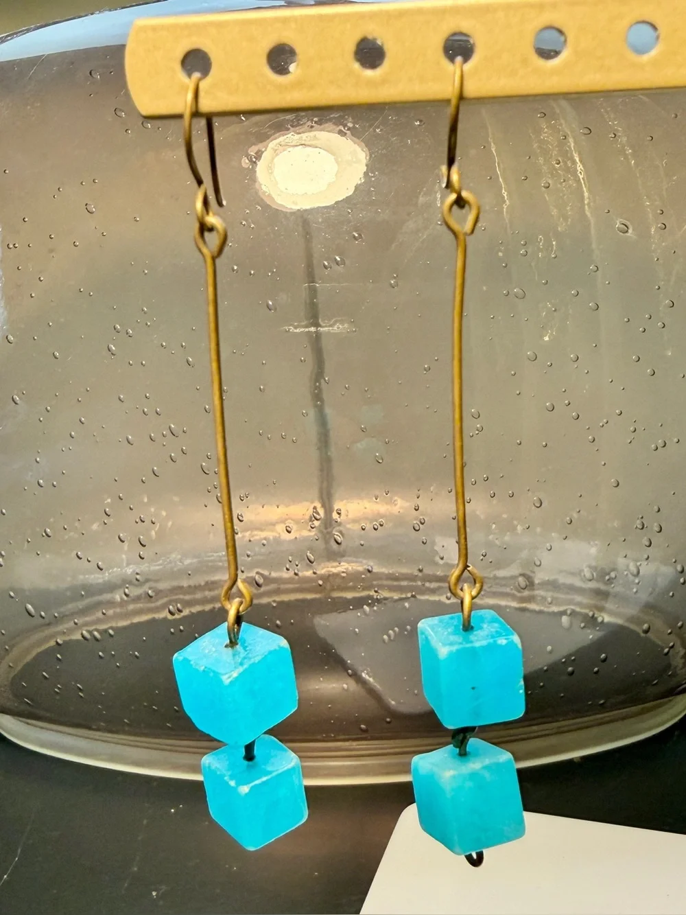Handmade Brass Turquoise Cube Minimalist Dangle Earrings